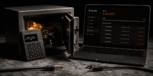Fotografía conceptual en tono oscuro que muestra una billetera física Coldcard MK4 apoyada sobre una caja fuerte de metal abierta llena de monedas de Bitcoin. A la derecha, la pantalla de una computadora portátil en modo oscuro muestra la aplicación Wasabi Wallet con un balance en cero y varias salidas de fondos recientes. En primer plano hay un cable de red cortado sobre la superficie de piedra.