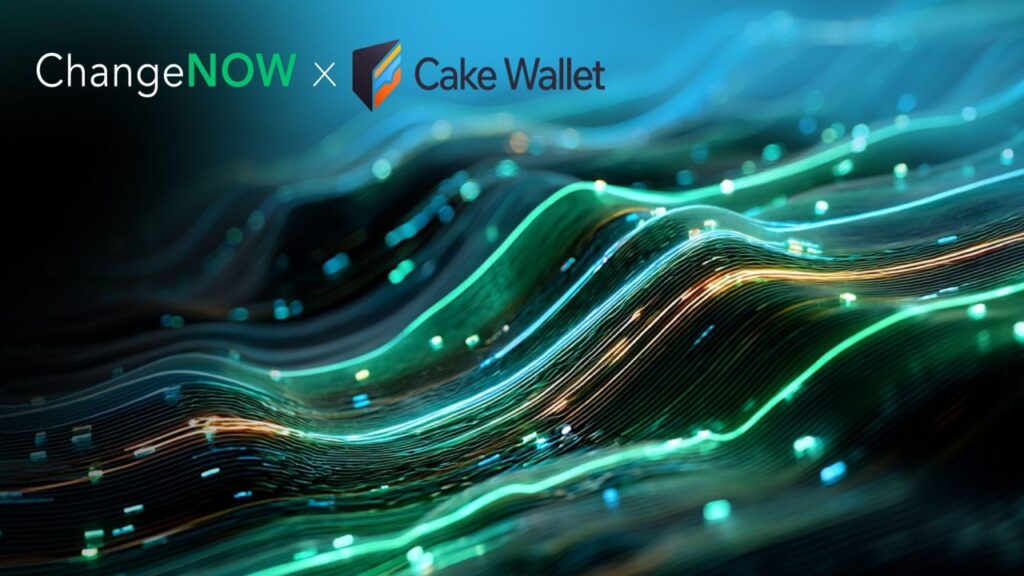 Olas de luces de colores con los logos de ChangeNOW y Cake Wallet encima.