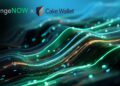 Olas de luces de colores con los logos de ChangeNOW y Cake Wallet encima.