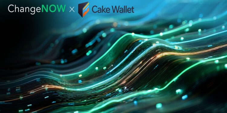 Olas de luces de colores con los logos de ChangeNOW y Cake Wallet encima.