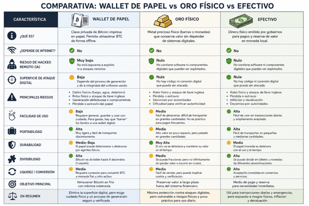 Cuadro comparativo de las características entre el oro, el efectivo y las wallets de papel de Bitcoin.
