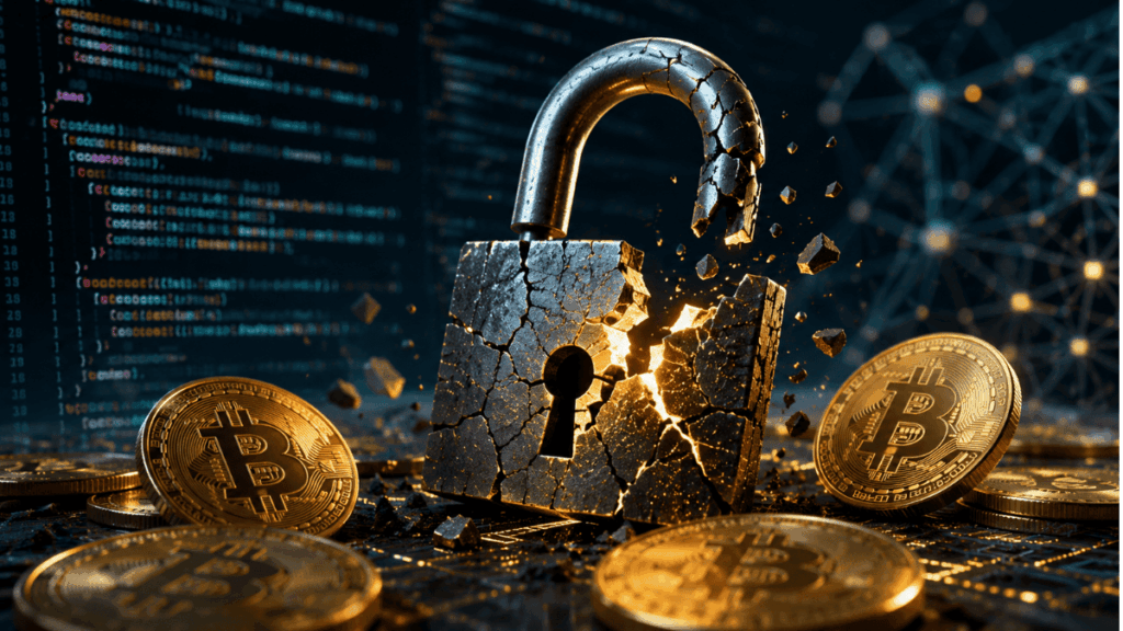 Un cadado roto junto con monedas de bitcoin.