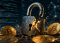 Un cadado roto junto con monedas de bitcoin.