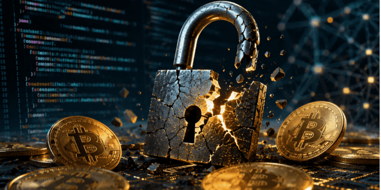 Un cadado roto junto con monedas de bitcoin.