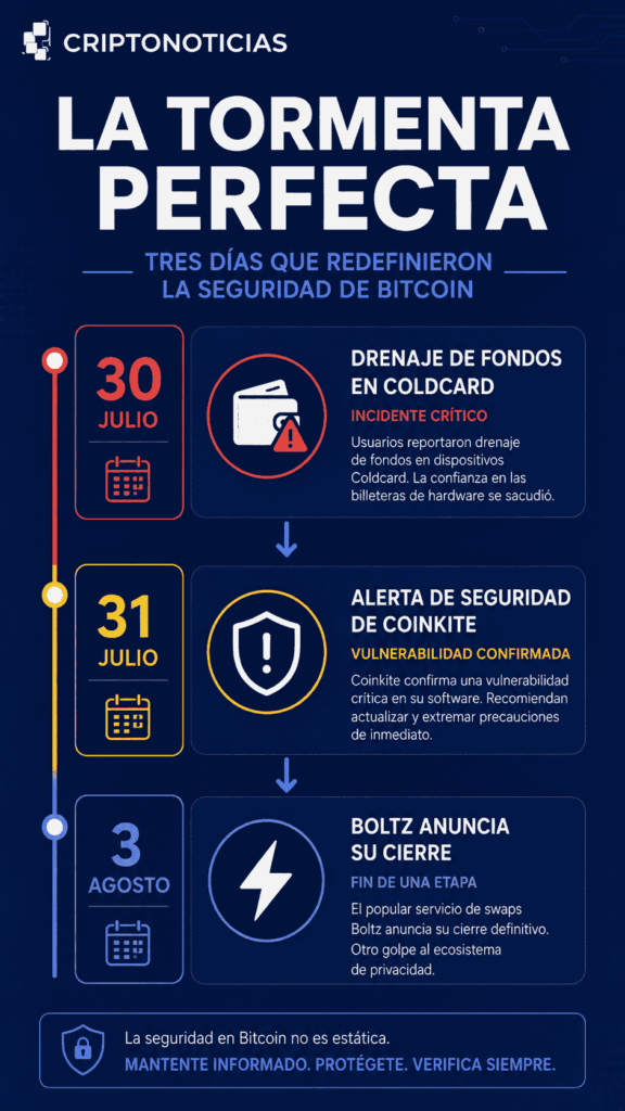 Infografía vertical de CriptoNoticias con fondo azul oscuro. Título: 'La tormenta perfecta'. Subtítulo: 'Tres días que redefinieron la seguridad en Bitcoin'. Línea de tiempo descendente con tres hitos: 1) 30 de julio - Coldcard: drenaje de fondos. La entropía cae a 40 bits. 2) 31 de julio - Coinkite publica aviso de seguridad. 3) 3 de agosto - Boltz suspende operaciones tras ataques automatizados. Una flecha conecta cada hito. Cita final: 'La IA no atacó la matemática; atacó la logística. El eslabón débil es humano.' Pie de página: julio 2026 - CriptoNoticias.