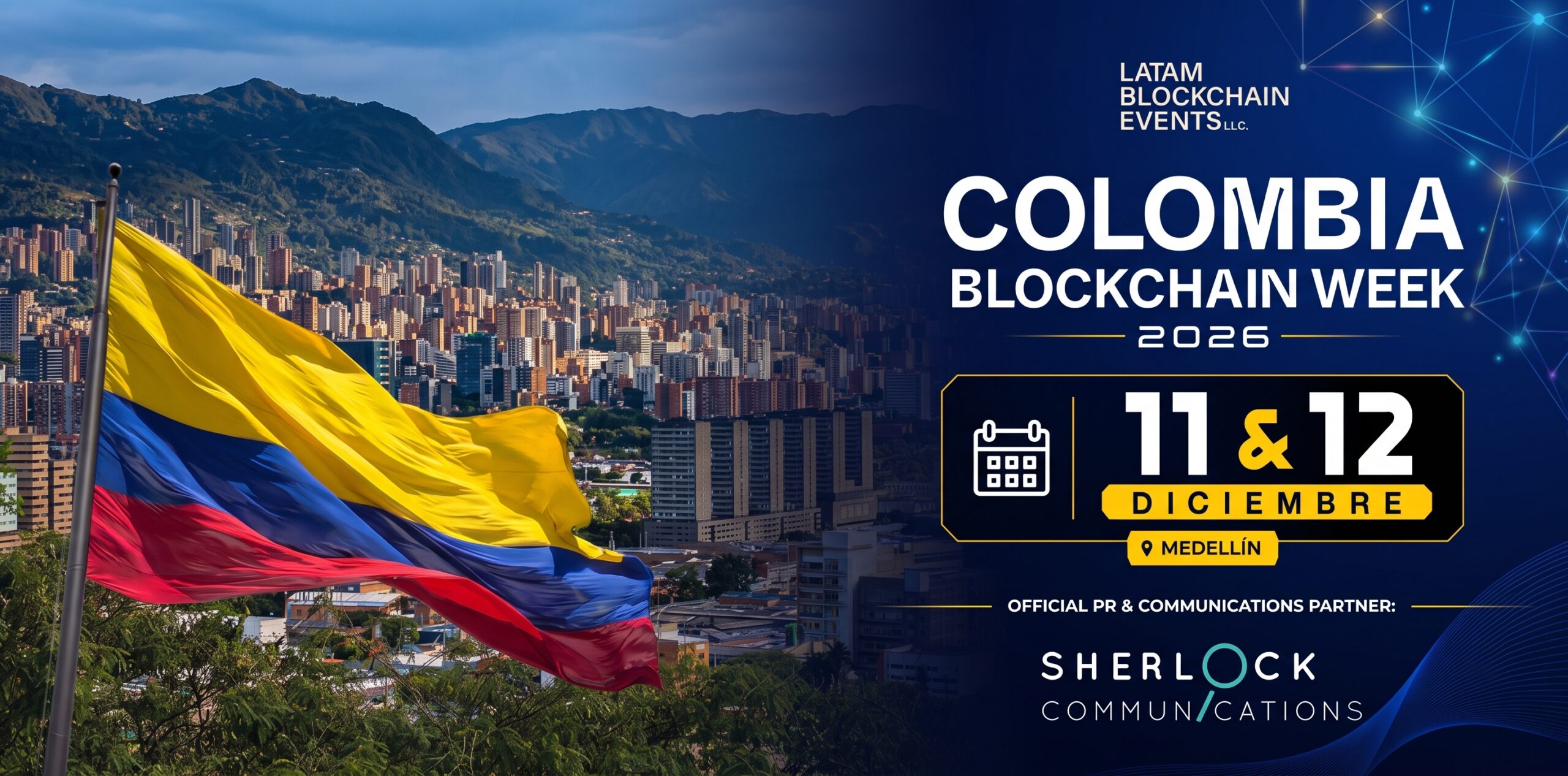 Póster promocional de Colombia Blockchain Week 2026, 11 y 12 de diciembre en Medellín.