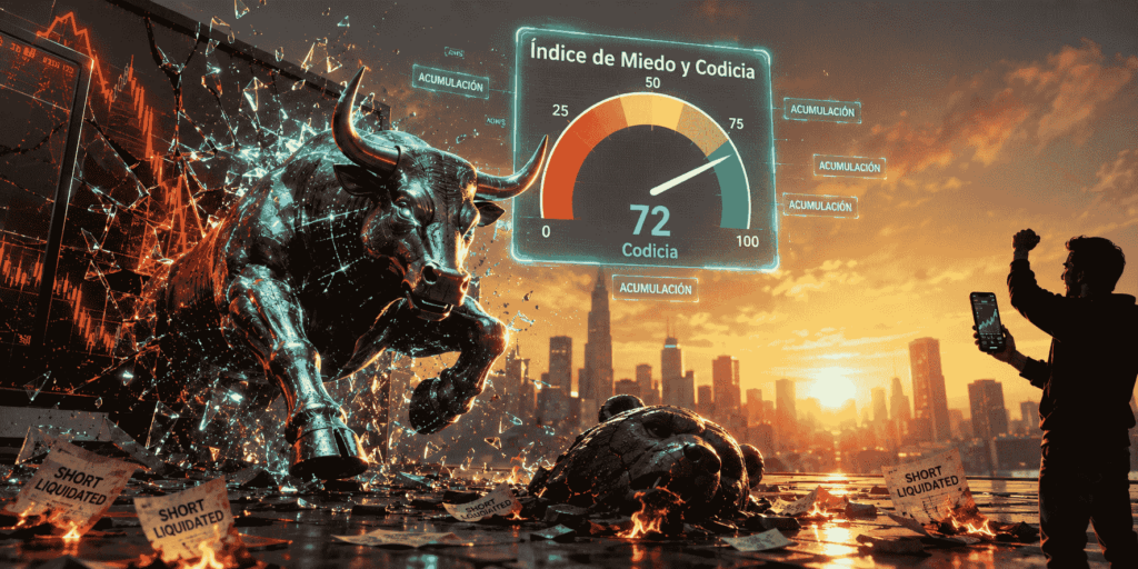 Imagen conceptual de estilo cinematográfico y realista que representa el cambio de régimen en el mercado de Bitcoin. Al fondo, una ciudad futurista amanece bañada por una luz dorada de hora dorada. En primer plano, un imponente toro de acero y luces digitales (de color verde y dorado) irrumpe con furia a través de una pantalla de cristal roto que mostraba un gráfico bajista en rojo.