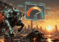 Imagen conceptual de estilo cinematográfico y realista que representa el cambio de régimen en el mercado de Bitcoin. Al fondo, una ciudad futurista amanece bañada por una luz dorada de hora dorada. En primer plano, un imponente toro de acero y luces digitales (de color verde y dorado) irrumpe con furia a través de una pantalla de cristal roto que mostraba un gráfico bajista en rojo.