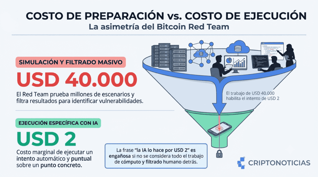 Infografía de CriptoNoticias con un embudo invertido que muestra la asimetría del Bitcoin Red Team. En la parte superior, una granja de servidores representa la "Simulación y filtrado masivo" con una inversión de USD 40.000 en infraestructura y análisis humano para probar millones de escenarios. En la inferior, un dispositivo con un rayo láser simboliza la "Ejecución específica con IA" con un costo marginal de solo USD 2. El gráfico explica que el intento de USD 2 solo es posible gracias al trabajo computacional previo de USD 40.000. Título: "Costo de Preparación vs. Costo de Ejecución".