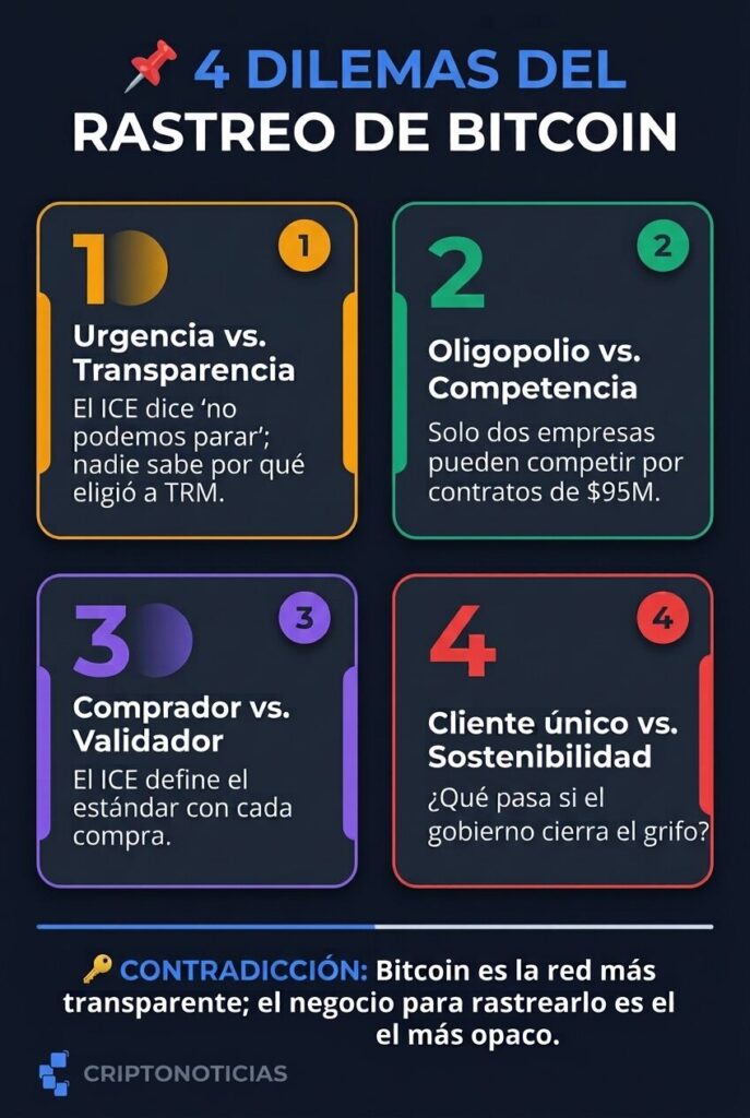 Infografía vertical sobre fondo oscuro titulada "4 Dilemas del Rastreo de Bitcoin". Presenta cuatro tarjetas numeradas del 1 al 4 con bordes de colores (amarillo, verde, morado y rojo). Cada una resume un dilema: 1. Urgencia vs. Transparencia, 2. Oligopolio vs. Competencia, 3. Comprador vs. Validador, y 4. Cliente único vs. Sostenibilidad. En la parte inferior