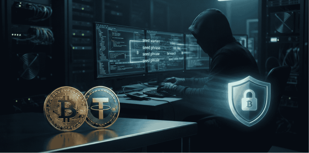 Hacker hackeando las frases semilla. Logo de BTC y Tether.