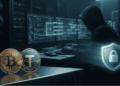 Hacker hackeando las frases semilla. Logo de BTC y Tether.