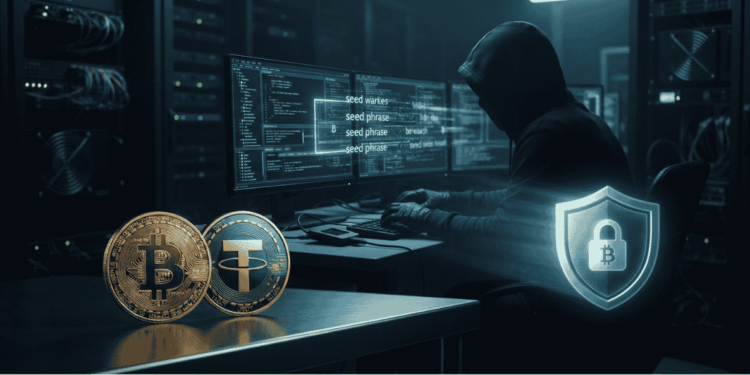 Hacker hackeando las frases semilla. Logo de BTC y Tether.