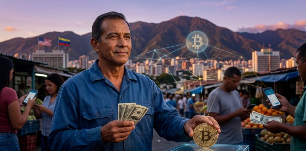 Composición panorámica al atardecer sobre Caracas con el cerro El Ávila de fondo. En primer plano, personas sostienen billetes de dólares estadounidenses y una moneda física de Bitcoin conectada a una red de datos digital.