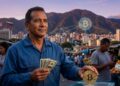 Composición panorámica al atardecer sobre Caracas con el cerro El Ávila de fondo. En primer plano, personas sostienen billetes de dólares estadounidenses y una moneda física de Bitcoin conectada a una red de datos digital.