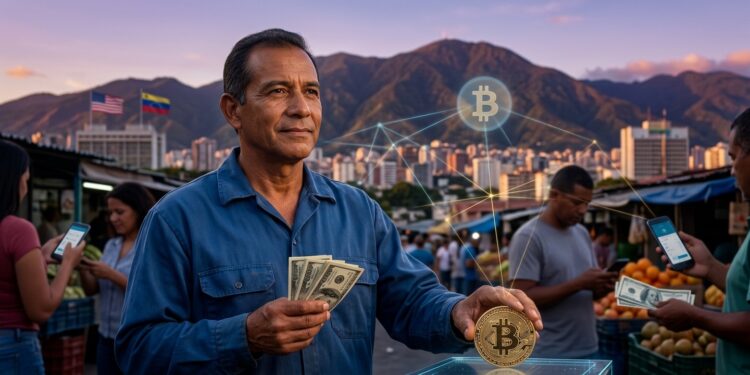 Composición panorámica al atardecer sobre Caracas con el cerro El Ávila de fondo. En primer plano, personas sostienen billetes de dólares estadounidenses y una moneda física de Bitcoin conectada a una red de datos digital.