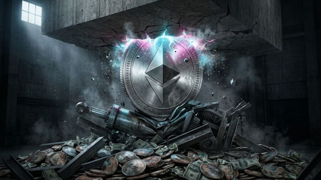 Moneda física de Ethereum entre un piso de escombros y un techo que no se rompe