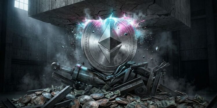 Moneda física de Ethereum entre un piso de escombros y un techo que no se rompe