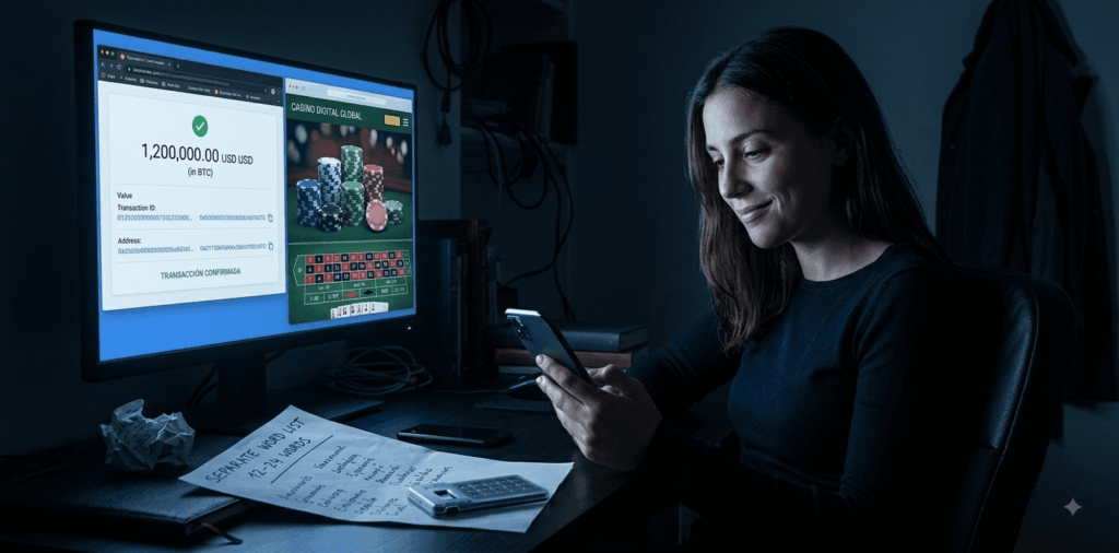Ilustración cinematográfica del caso Tiffany, una estafa de ingeniería social en Bitcoin. Una mujer joven (Tiffany Milanovich) está sentada frente a una computadora, con un teléfono en la mano y una sonrisa burlona. La pantalla muestra una transacción de bitcoin completada por 1.2 millones de dólares y una interfaz de casino digital con fichas de póker.