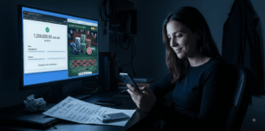 Ilustración cinematográfica del caso Tiffany, una estafa de ingeniería social en Bitcoin. Una mujer joven (Tiffany Milanovich) está sentada frente a una computadora, con un teléfono en la mano y una sonrisa burlona. La pantalla muestra una transacción de bitcoin completada por 1.2 millones de dólares y una interfaz de casino digital con fichas de póker.
