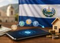 Criptomonedas fluyendo desde un smartphone hacia una casa modelo de madera, con la bandera de El Salvador al fondo.
