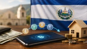 Criptomonedas fluyendo desde un smartphone hacia una casa modelo de madera, con la bandera de El Salvador al fondo.