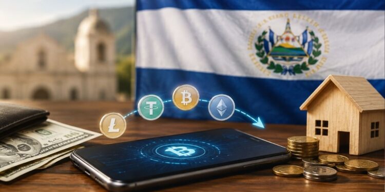 Criptomonedas fluyendo desde un smartphone hacia una casa modelo de madera, con la bandera de El Salvador al fondo.