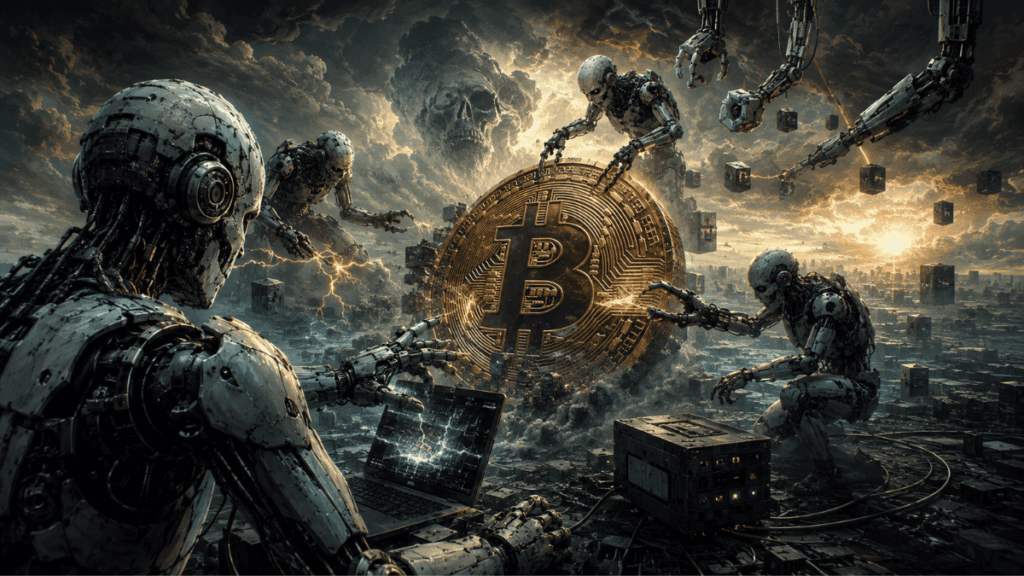 Robots de IA atacando una moneda de Bitcoin.