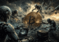 Robots de IA atacando una moneda de Bitcoin.