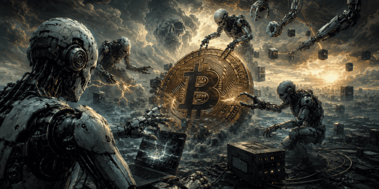 Robots de IA atacando una moneda de Bitcoin.