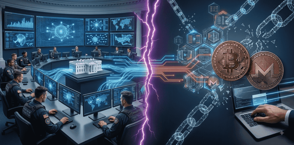 El gobierno de EE.UU. y contratistas privados actúan como un "brazo armado digital" para desmantelar herramientas de privacidad como Tornado Cash y Monero, generando un riesgo técnico de daño colateral para usuarios legítimos. Fuente CriptoNoticias / Creado usando Gemini.