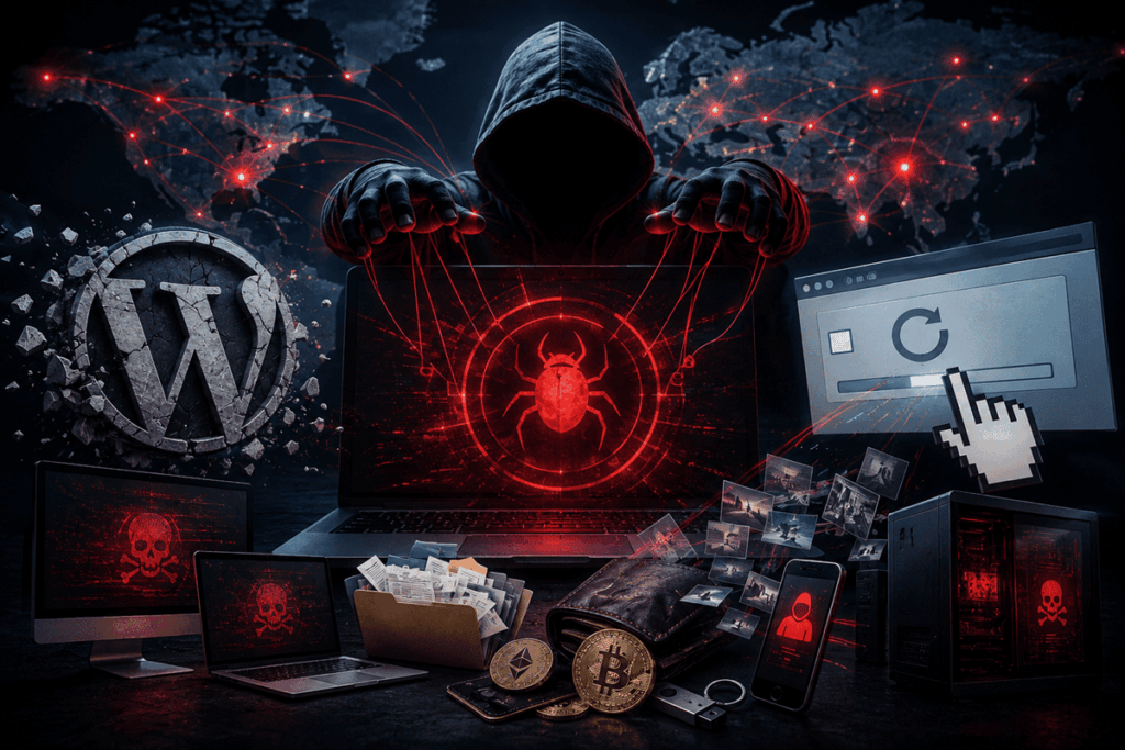 Hacker controla sitios WordPress comprometidos para distribuir malware y robar datos.