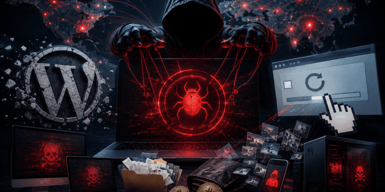 Hacker controla sitios WordPress comprometidos para distribuir malware y robar datos.