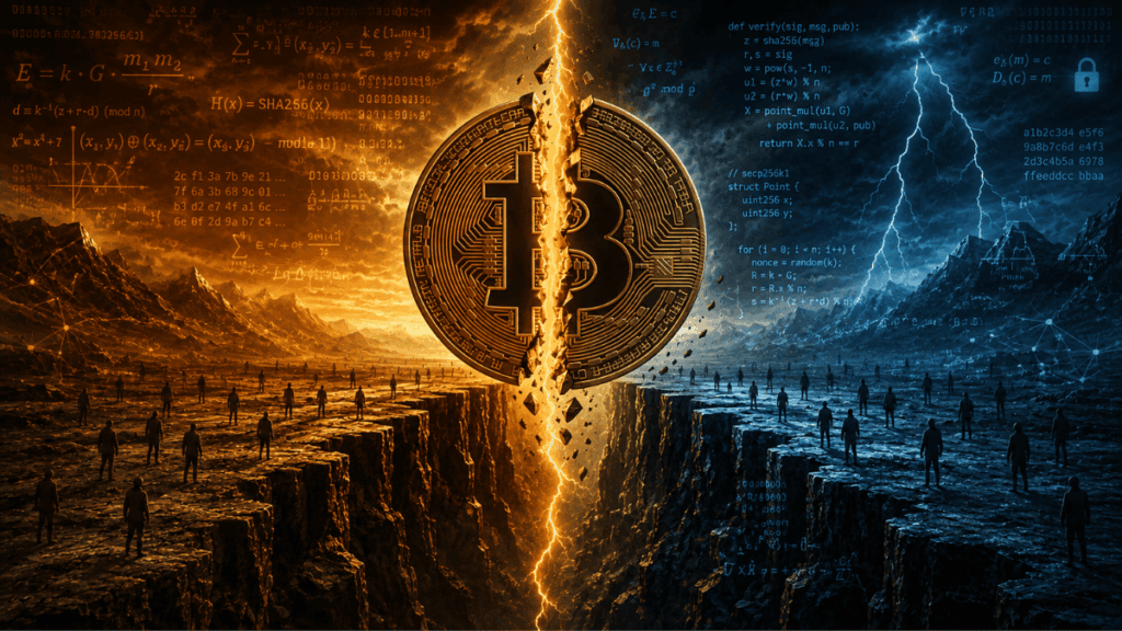 Una moneda de Bitcoin partida a la mitad por una rayo.