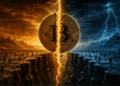 Una moneda de Bitcoin partida a la mitad por una rayo.