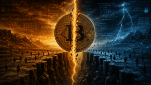 Una moneda de Bitcoin partida a la mitad por una rayo.
