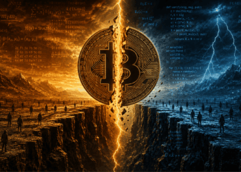 Una moneda de Bitcoin partida a la mitad por una rayo.
