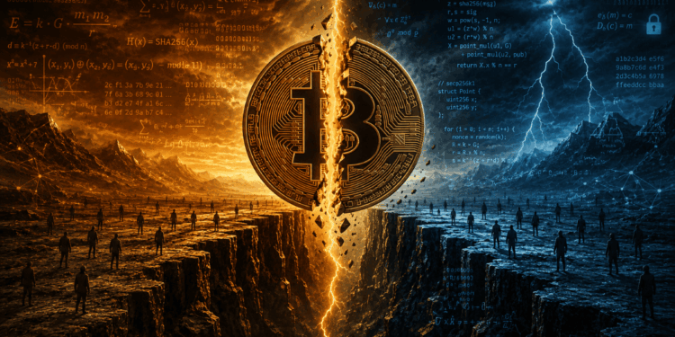 Una moneda de Bitcoin partida a la mitad por una rayo.