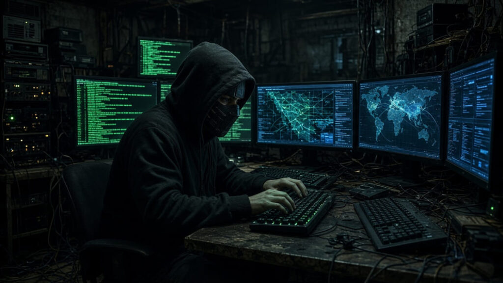 Un hacker operando con computadoras.