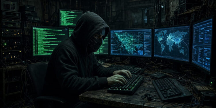 Un hacker operando con computadoras.