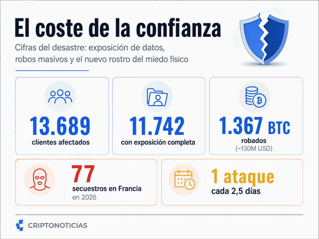 Infografía con fondo claro, título "El coste de la confianza" y subtítulo "Cifras del desastre: exposición de datos, robos masivos y el nuevo rostro del miedo físico". Los datos destacados son: 13.689 clientes afectados por la brecha de Trezor; 11.742 con exposición completa de nombre, dirección, teléfono y correo; 1.367 bitcoins robados de Coldcard, equivalentes a unos 130 millones de dólares; 77 secuestros en Francia en el primer semestre de 2026; y un ataque cada 2,5 días. El diseño utiliza colores azules y neutros, iconos minimalistas, y el logo de CriptoNoticias en la parte inferior con la fuente de los datos.