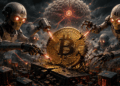 Robots de IA atacando una moneda de Bitcoin.