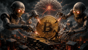 Robots de IA atacando una moneda de Bitcoin.