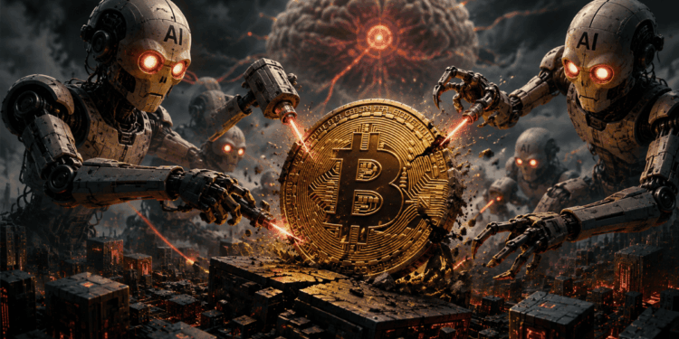 Robots de IA atacando una moneda de Bitcoin.