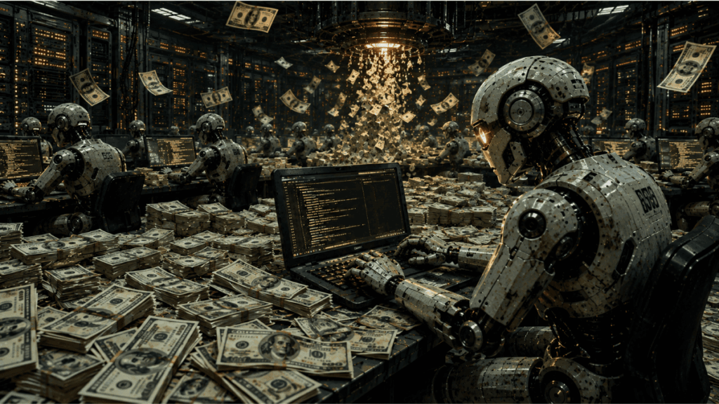 Robots de IA procesando tokens que consumen los usuarios.