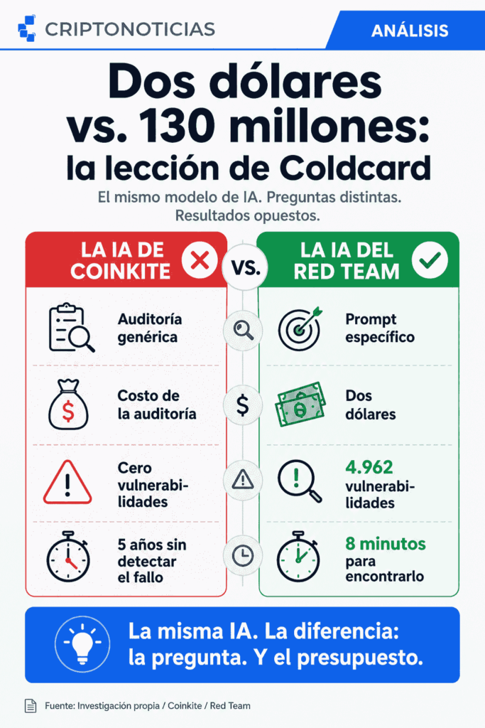Infografía de CriptoNoticias compara la IA de Coinkite (rojo) vs. Red Team (verde). Coinkite: auditoría genérica, cero fallos, 5 años. Red Team: prompt específico, dos dólares, 4.962 fallos, 8 minutos. Conclusión: la diferencia fue la pregunta y el presupuesto.