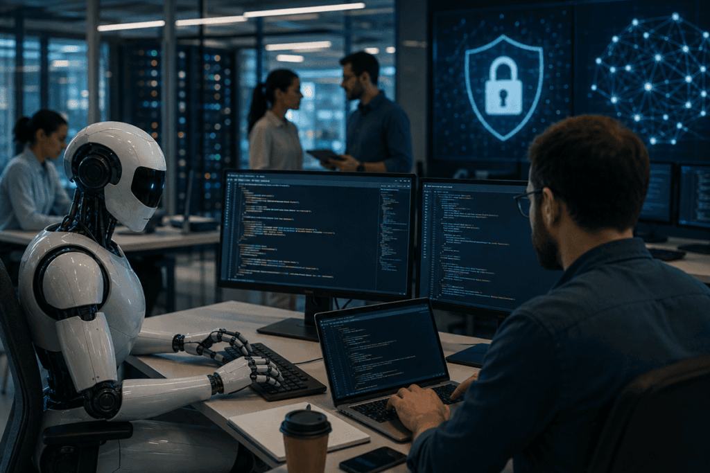 Un robot agente de IA frente a una computadora junto a un ser humano compartiendo espacios