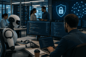 Un robot agente de IA frente a una computadora junto a un ser humano compartiendo espacios