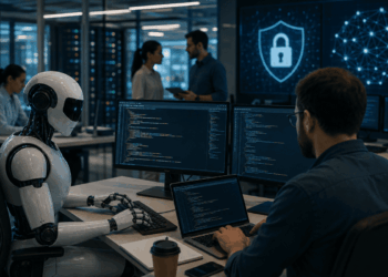 Un robot agente de IA frente a una computadora junto a un ser humano compartiendo espacios