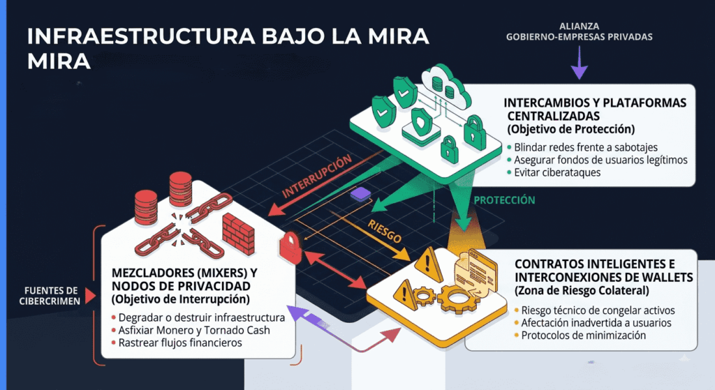 Infografía en modo oscuro titulada "Infraestructura bajo la mira: Impacto directo en las herramientas de criptomonedas". Muestra tres tarjetas conceptuales. En la parte superior izquierda, en verde, "Intercambios y Plataformas Centralizadas" como objetivo de protección para blindar redes y evitar ciberataques. En la parte superior derecha, en rojo, "Mezcladores y Nodos de Privacidad" como objetivo de interrupción para asfixiar herramientas como Monero y Tornado Cash. En la parte inferior central, en amarillo, "Contratos Inteligentes e Interconexiones" identificada como zona de riesgo colateral por el peligro de congelar activos a usuarios legítimos. En la esquina inferior derecha aparece el logotipo oficial de CriptoNoticias.